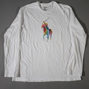 Polo Ralph Lauren T-Shirt Mens Large White Long Sleeve Rainbow Big Pony Logo